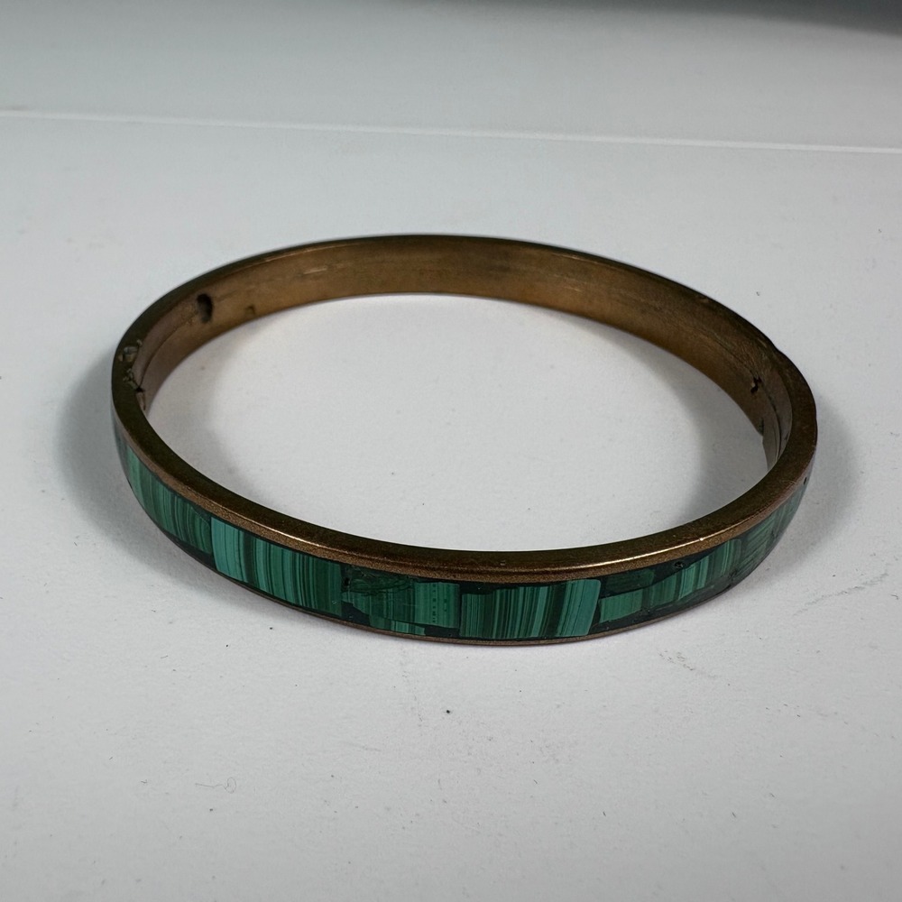 Vintage Brass Bangle Faux Malachite Green Resin Inlay Bracelet Boho